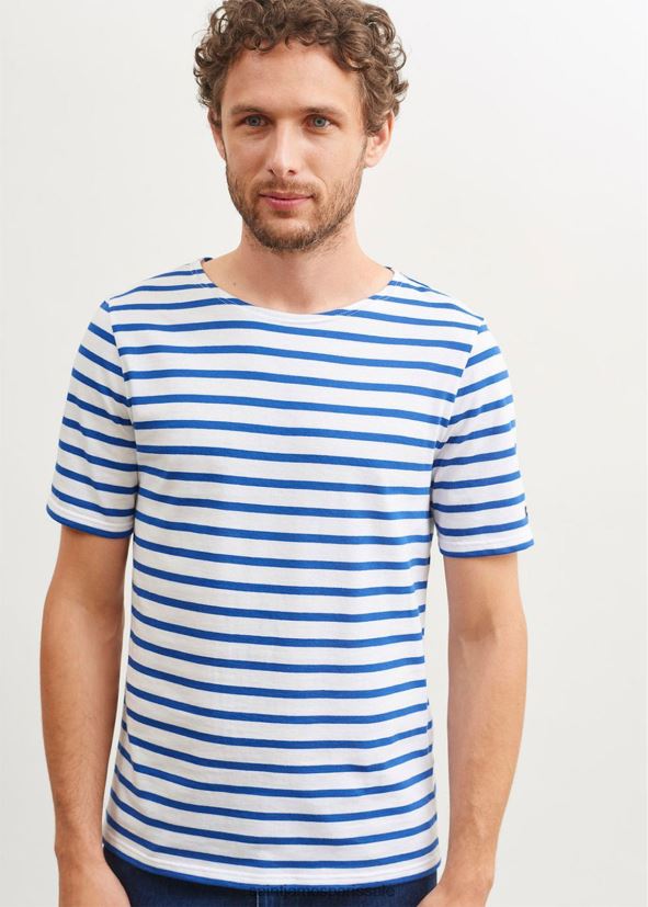 Saint James moderne blanc/bleu roi unisexe chemise à manches courtes à rayures bretonnes en coton doux ZZ48R243