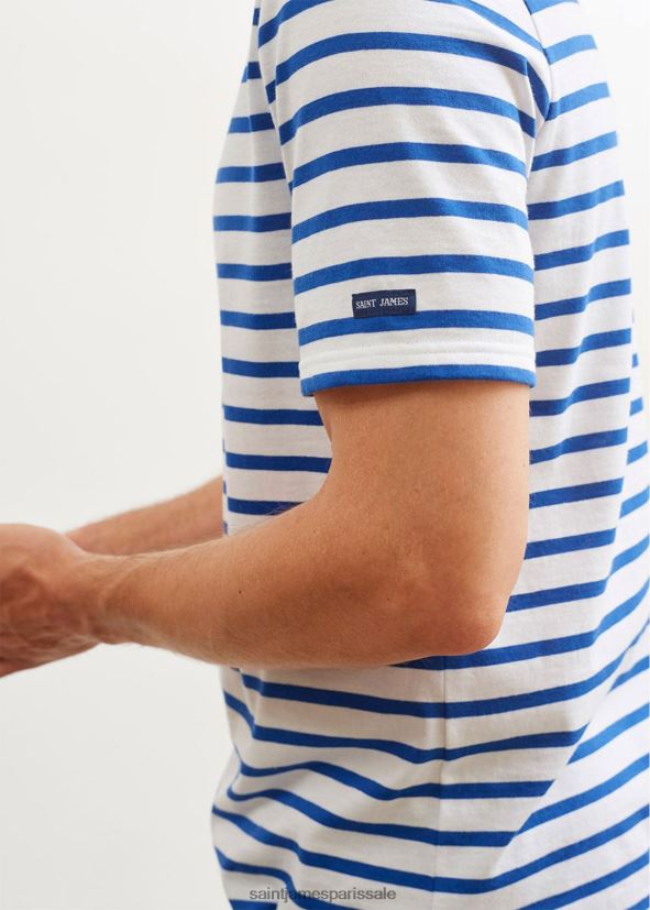 Saint James moderne blanc/bleu roi unisexe chemise à manches courtes à rayures bretonnes en coton doux ZZ48R243