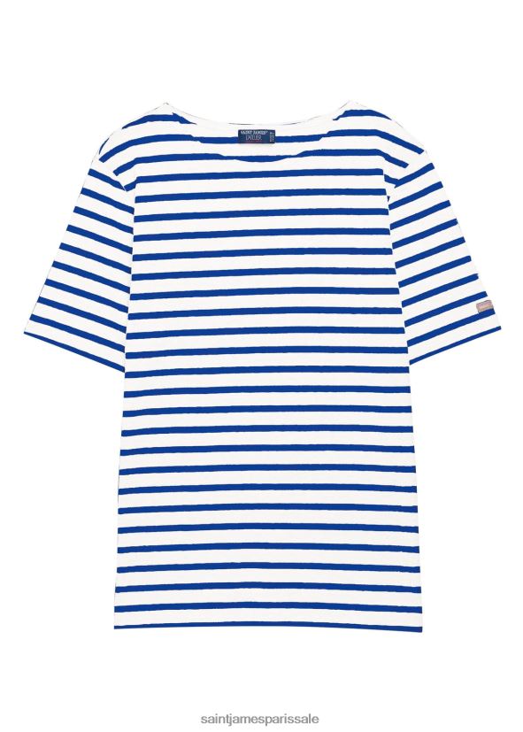 Saint James moderne blanc/bleu roi unisexe chemise à manches courtes à rayures bretonnes en coton doux ZZ48R243