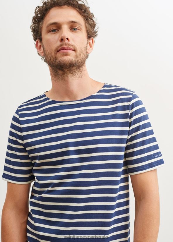 Saint James moderne bleu marine/écru unisexe chemise à manches courtes à rayures bretonnes en coton doux ZZ48R245