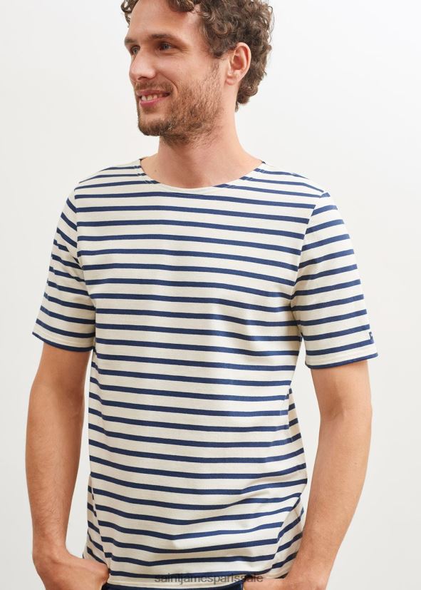 Saint James moderne écru/marine unisexe chemise à manches courtes à rayures bretonnes en coton doux ZZ48R246