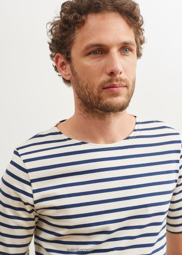 Saint James moderne écru/marine unisexe chemise à manches courtes à rayures bretonnes en coton doux ZZ48R246