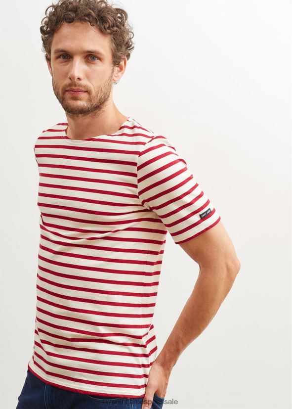 Saint James moderne écru/marron unisexe chemise à manches courtes à rayures bretonnes en coton doux ZZ48R242