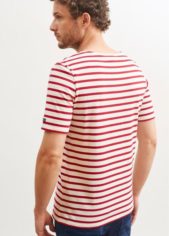 Saint James moderne écru/marron unisexe chemise à manches courtes à rayures bretonnes en coton doux ZZ48R242