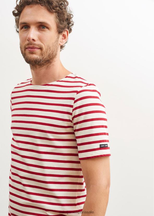Saint James moderne écru/marron unisexe chemise à manches courtes à rayures bretonnes en coton doux ZZ48R242