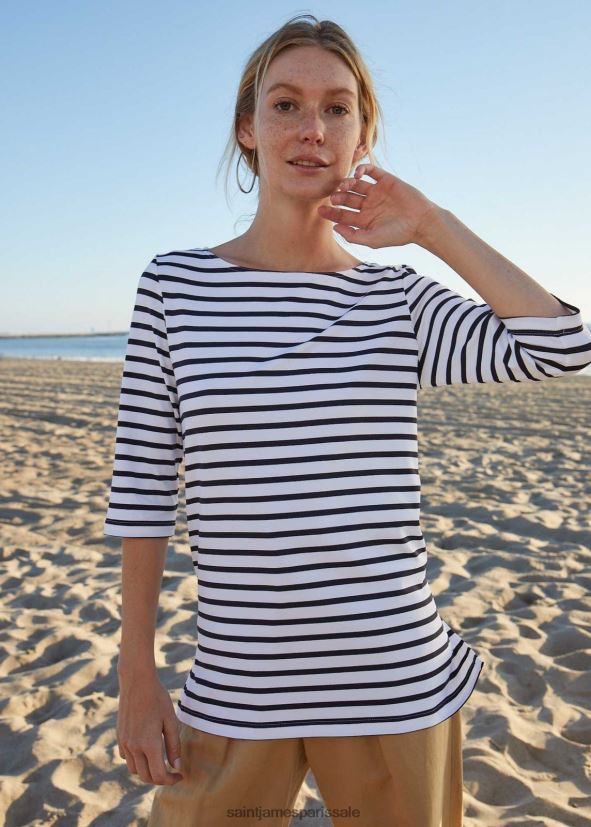 Saint James phare Navet blanc unisexe tunique rayée col bateau avec fentes tissu extensible avec protection uv ZZ48R265