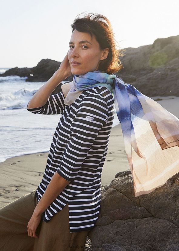 Saint James phare bleu marine/blanc unisexe tunique rayée col bateau avec fentes tissu extensible avec protection uv ZZ48R2101