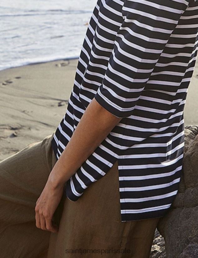 Saint James phare bleu marine/blanc unisexe tunique rayée col bateau avec fentes tissu extensible avec protection uv ZZ48R2101