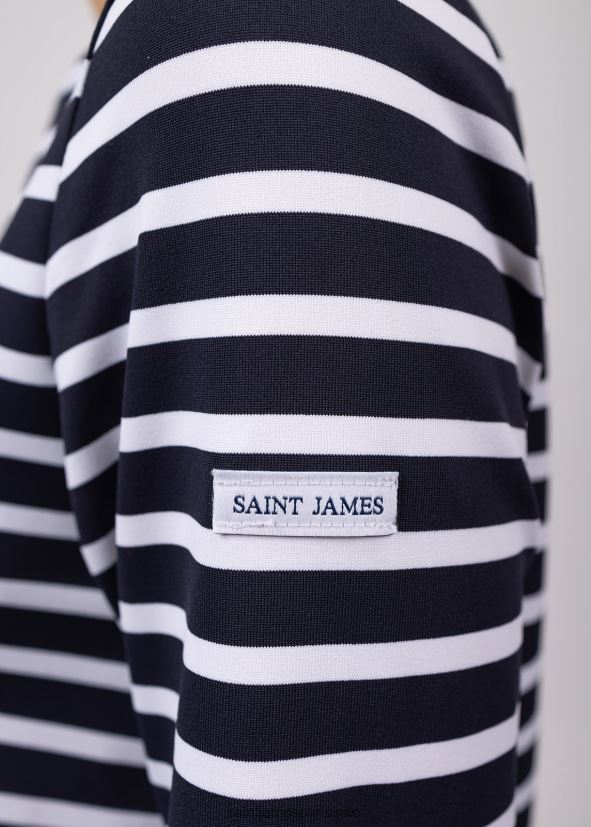 Saint James phare bleu marine/blanc unisexe tunique rayée col bateau avec fentes tissu extensible avec protection uv ZZ48R2101