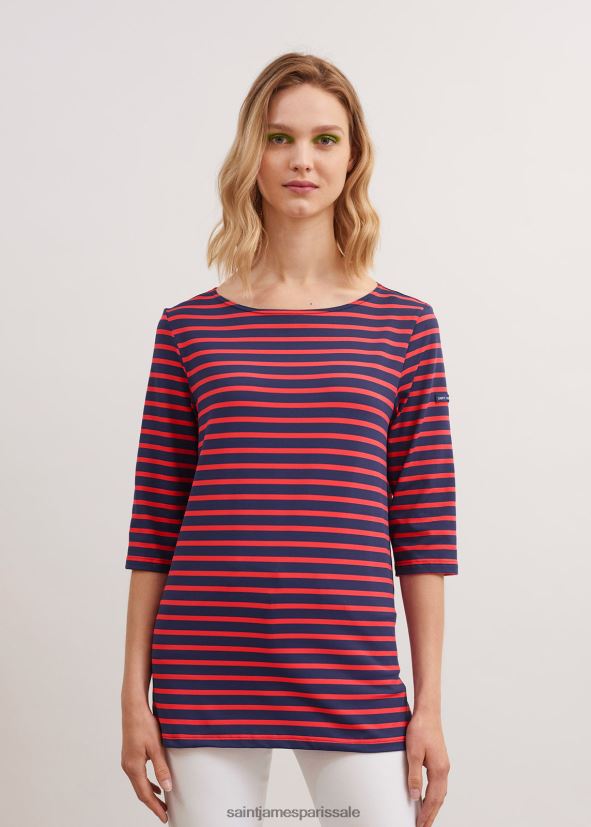 Saint James phare bleu marine/mandarine unisexe tunique rayée col bateau avec fentes tissu extensible avec protection uv ZZ48R211