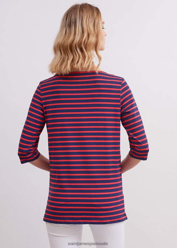 Saint James phare bleu marine/mandarine unisexe tunique rayée col bateau avec fentes tissu extensible avec protection uv ZZ48R211