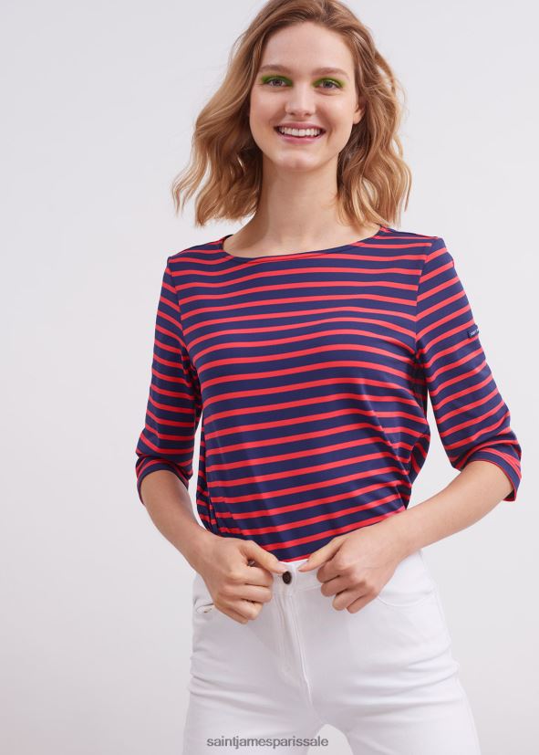 Saint James phare bleu marine/mandarine unisexe tunique rayée col bateau avec fentes tissu extensible avec protection uv ZZ48R211