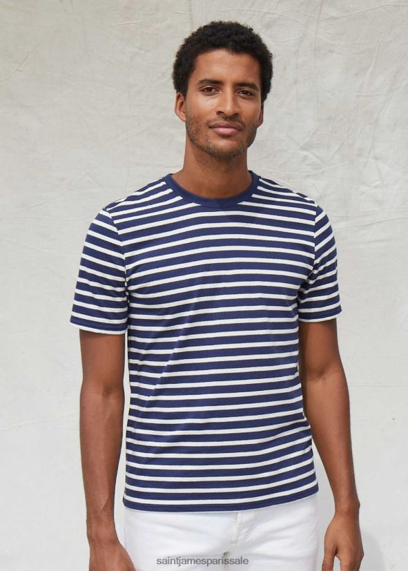 Saint James ployer bleu marine/écru Hommes t-shirt marinière col rond 100% coton ZZ48R2140
