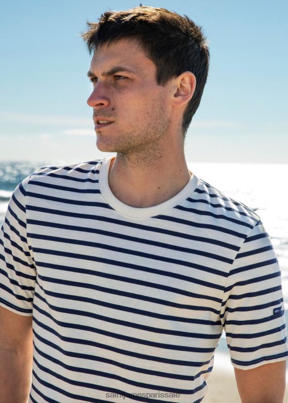 Saint James ployer écru/marine Hommes t-shirt marinière col rond 100% coton ZZ48R2142