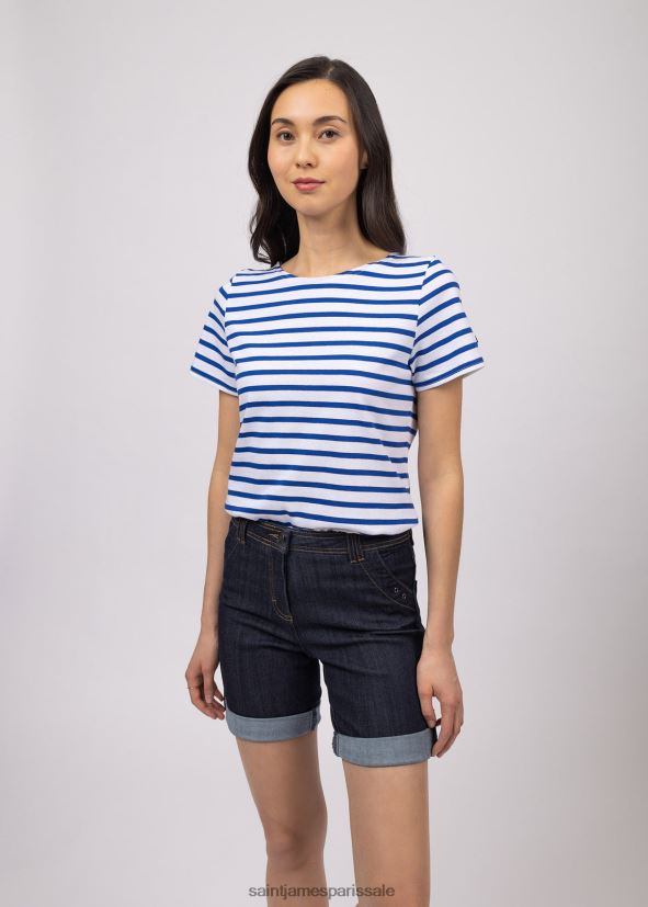 Saint James étrille blanc/bleu roi femmes t-shirt à rayures nautiques à manches courtes, coupe en coton doux ZZ48R276