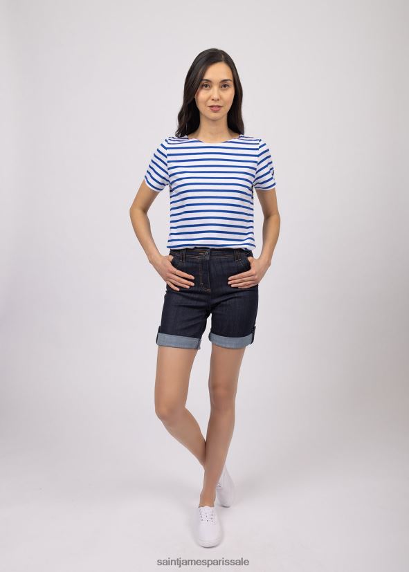 Saint James étrille blanc/bleu roi femmes t-shirt à rayures nautiques à manches courtes, coupe en coton doux ZZ48R276