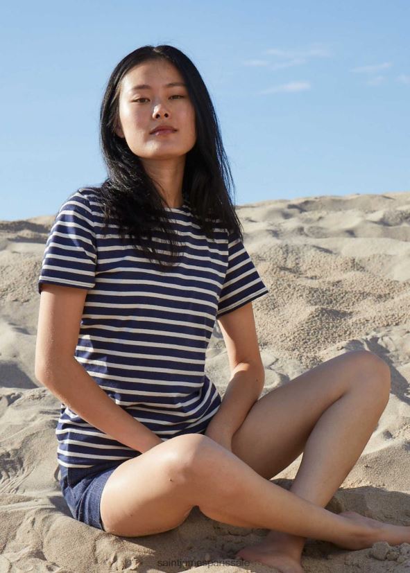 Saint James étrille bleu marine/écru femmes t-shirt à rayures nautiques à manches courtes, coupe en coton doux ZZ48R264