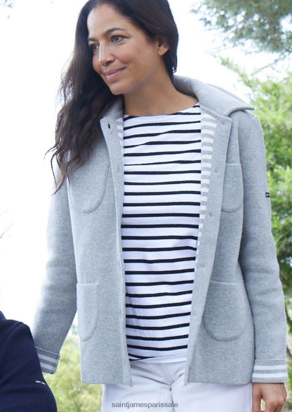 Saint James nashville gris clair/blanc hiver femmes veste courte boutonnée avec poches plaquées ZZ48R2118